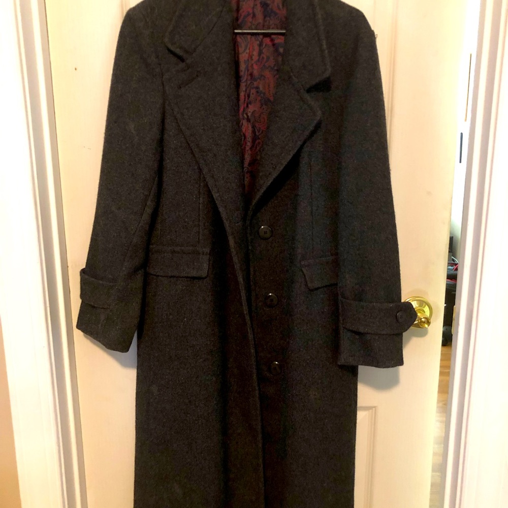 womens coat wool gray Forstmann miss New Yorker long paisley lined M/L Made USA
